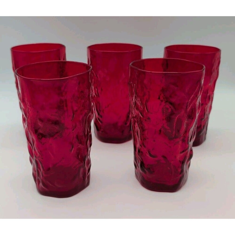 Set of 5 Morgantown Glass Co Ruby Red Crinkle Pattern Driftwood Crinkle Tumblers